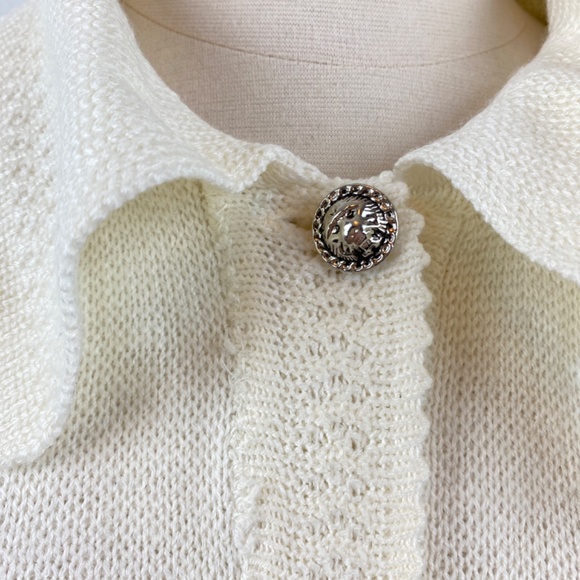 Vintage 70/80s White Knit Cardigan Sweater Lion Silver Button Front Boho Granny - Picture 4 of 11